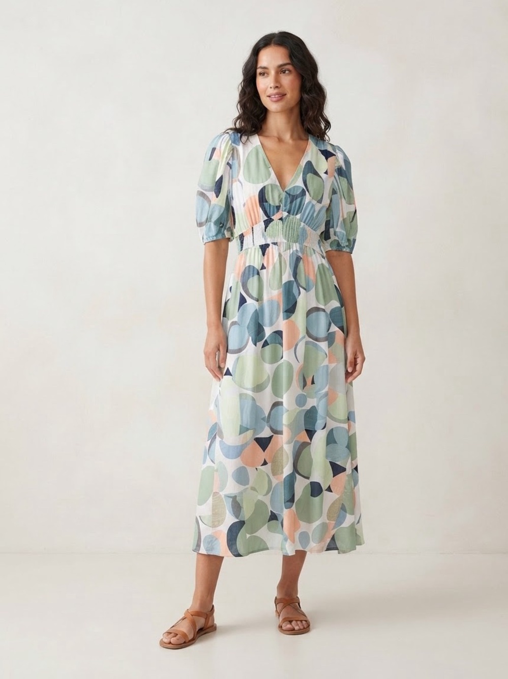 Sissyaki Multicolored Abstract Pebble Print Puff Sleeve Midi Dress – Size M